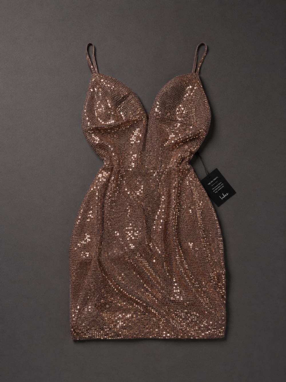 Lulus Bronze Copper Sequin Plunge Mini Dress – Size S – NWT
